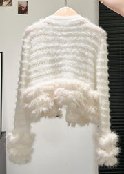 White Hollow Out Pockets Patchwork Knit Coat V Neck