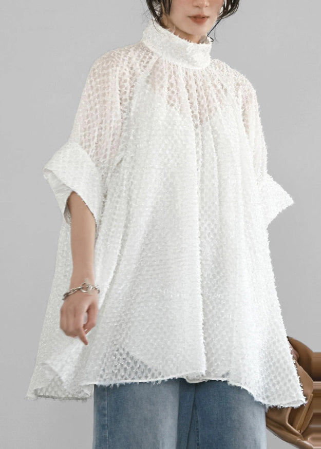 White Hollow Out Tulle A Line Tops Stand Collar Summer