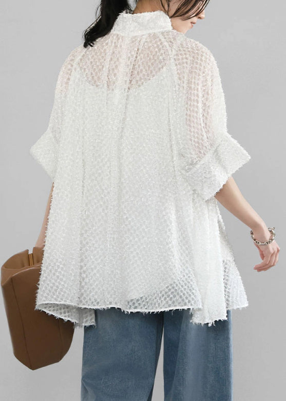 White Hollow Out Tulle A Line Tops Stand Collar Summer