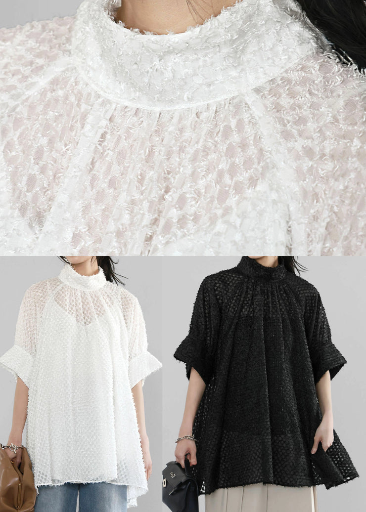 White Hollow Out Tulle A Line Tops Stand Collar Summer