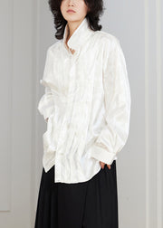 White Jacquard Button Loose Silk Shirt Top Stand Collar