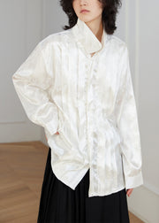 White Jacquard Button Loose Silk Shirt Top Stand Collar