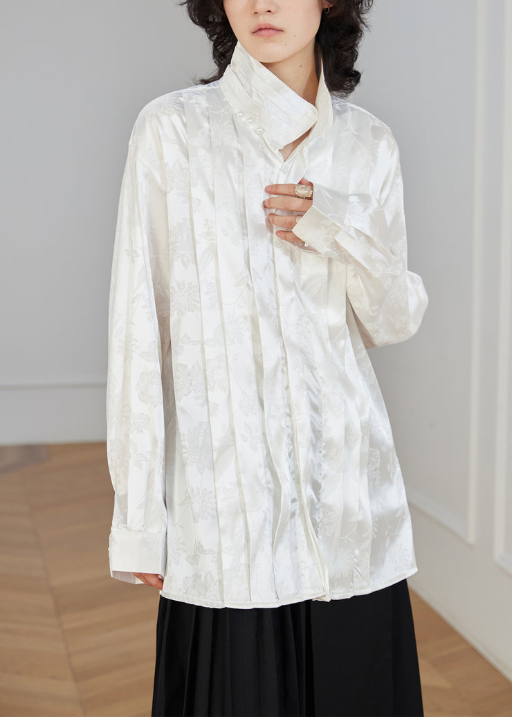 White Jacquard Button Loose Silk Shirt Top Stand Collar