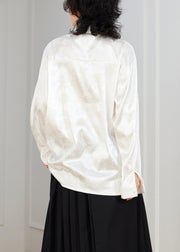 White Jacquard Button Loose Silk Shirt Top Stand Collar