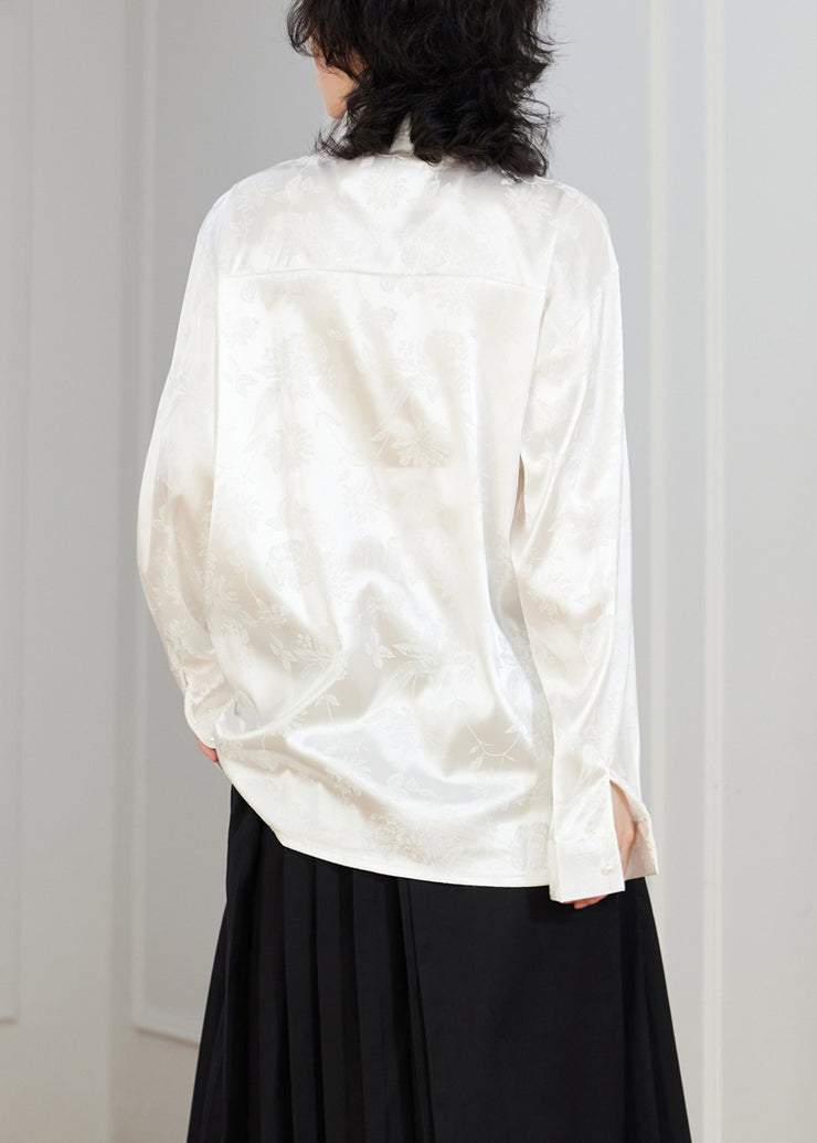 White Jacquard Button Loose Silk Shirt Top Stand Collar