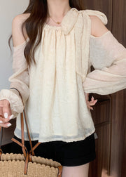 White Jacquard Chiffon Shirt Tops Cold Shoulder Fall