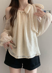 White Jacquard Chiffon Shirt Tops Cold Shoulder Fall