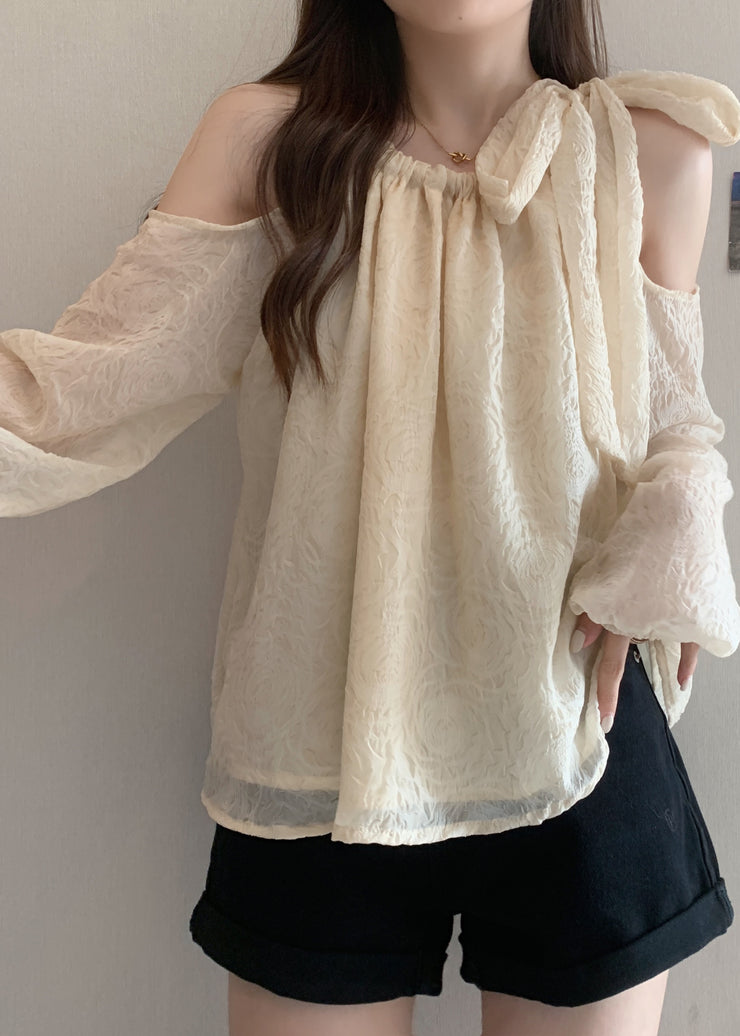 White Jacquard Chiffon Shirt Tops Cold Shoulder Fall