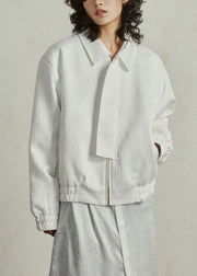 White Jacquard Pockets Silk Fall Coat Peter Pan Collar