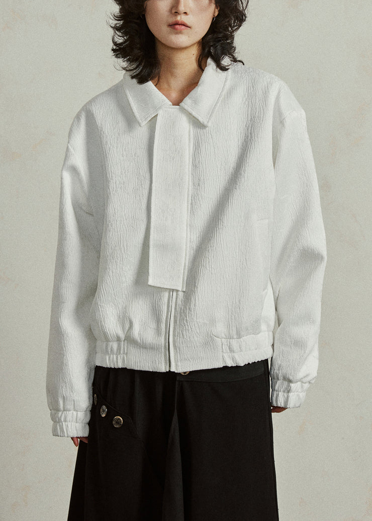 White Jacquard Pockets Silk Fall Coat Peter Pan Collar