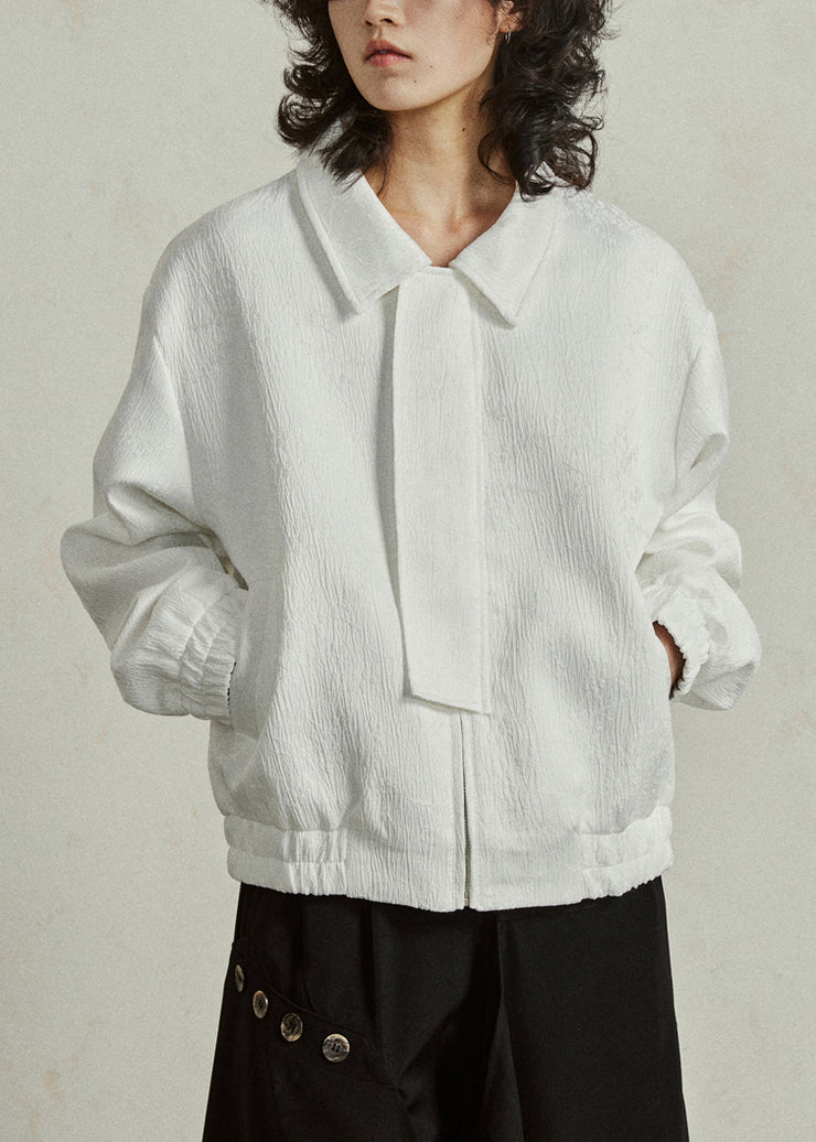 White Jacquard Pockets Silk Fall Coat Peter Pan Collar