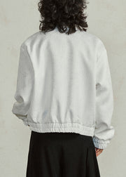 White Jacquard Pockets Silk Fall Coat Peter Pan Collar