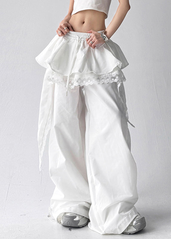 White Lace Elastic Waist Cotton Pants Layered