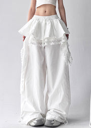 White Lace Elastic Waist Cotton Pants Layered