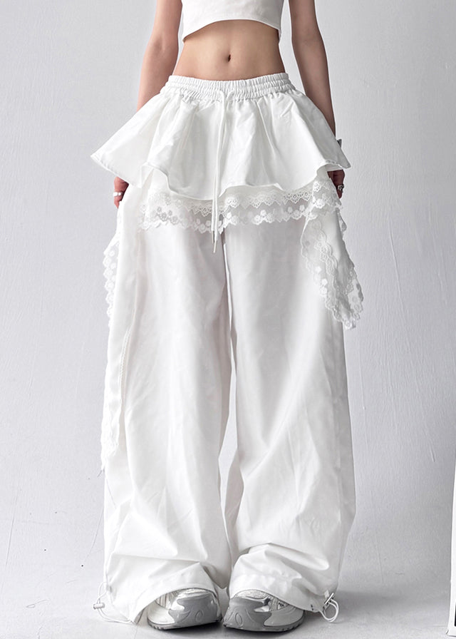 White Lace Elastic Waist Cotton Pants Layered