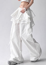 White Lace Elastic Waist Cotton Pants Layered