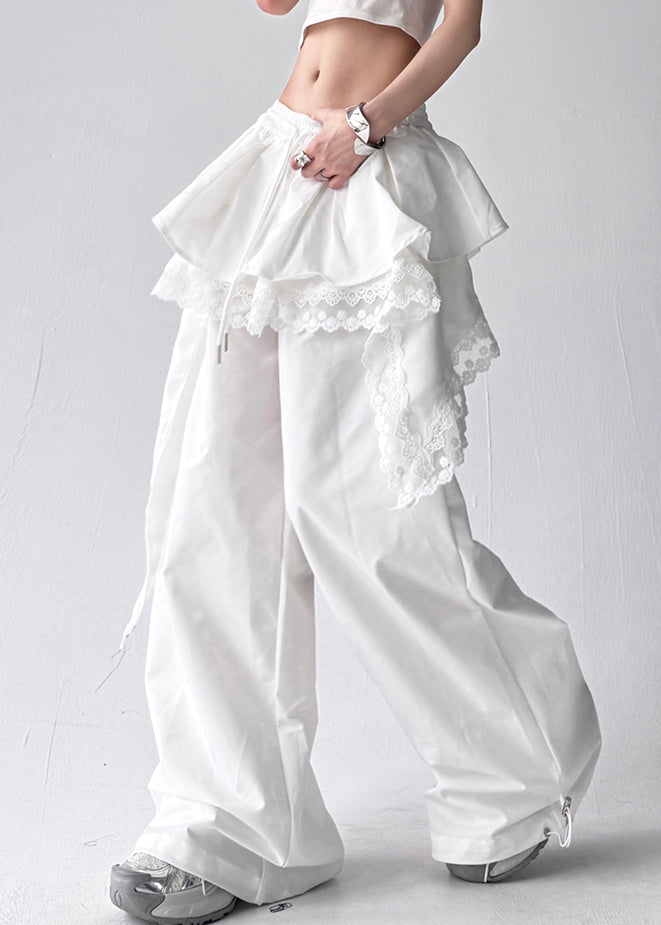 White Lace Elastic Waist Cotton Pants Layered