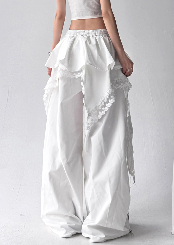 White Lace Elastic Waist Cotton Pants Layered