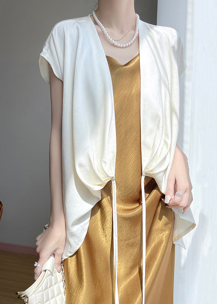 White Lace Up Solid Silk Blouse V Neck Short Sleeve