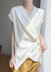 White Lace Up Solid Silk Blouse V Neck Short Sleeve