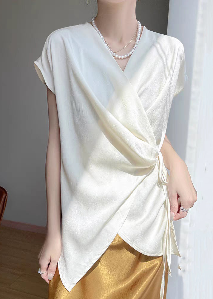 White Lace Up Solid Silk Blouse V Neck Short Sleeve