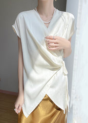White Lace Up Solid Silk Blouse V Neck Short Sleeve