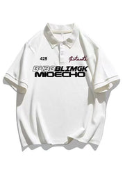 White Letter Button Cotton Mens Polo Shirts Casual Summer
