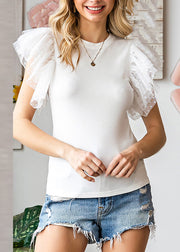 White O-Neck Solid Knit Top Flare Sleeve