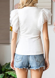 White O-Neck Solid Knit Top Flare Sleeve