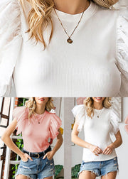 White O-Neck Solid Knit Top Flare Sleeve