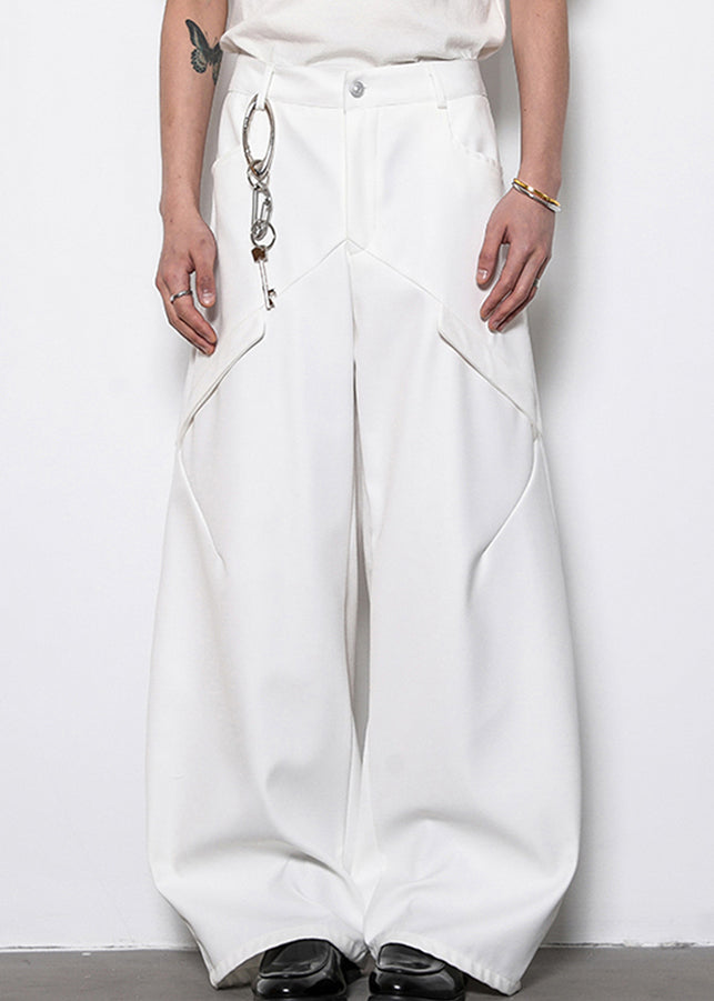 White Original Design Solid Cotton Mens Wide Leg Pants High Waist