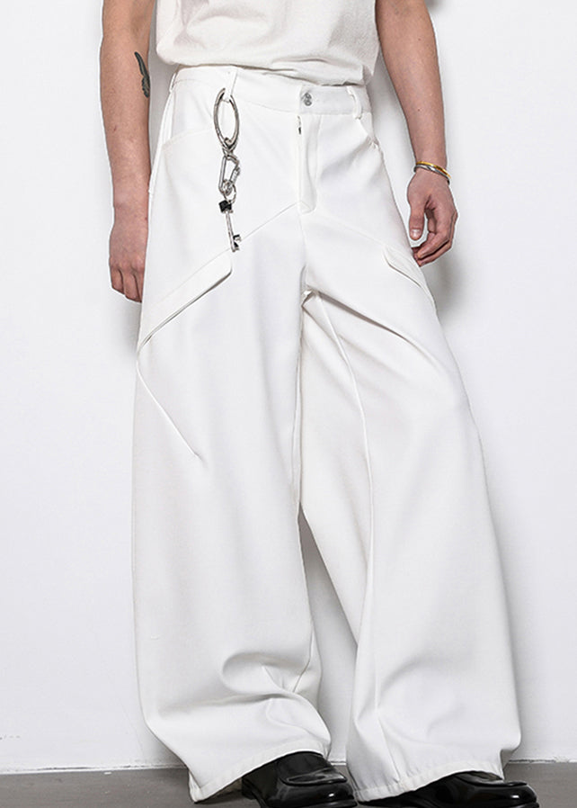 White Original Design Solid Cotton Mens Wide Leg Pants High Waist