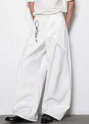 White Original Design Solid Cotton Mens Wide Leg Pants High Waist