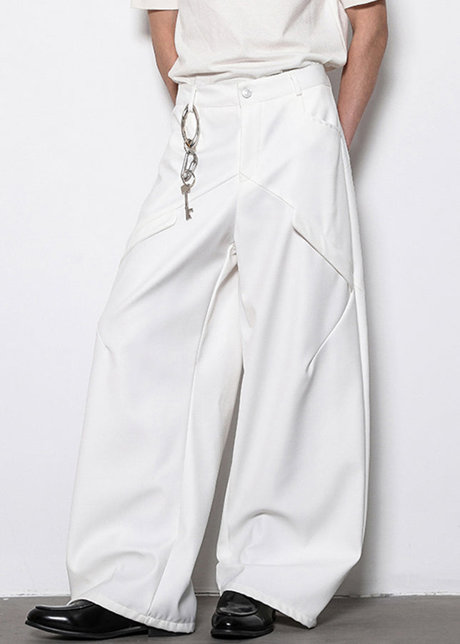 White Original Design Solid Cotton Mens Wide Leg Pants High Waist