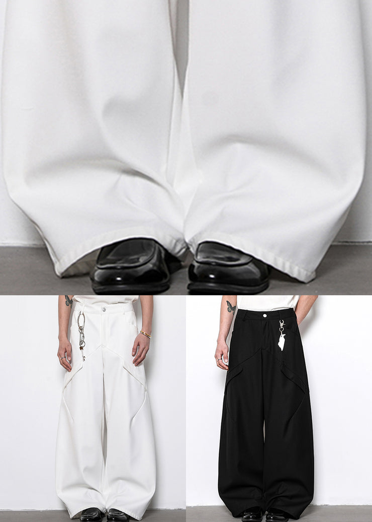 White Original Design Solid Cotton Mens Wide Leg Pants High Waist