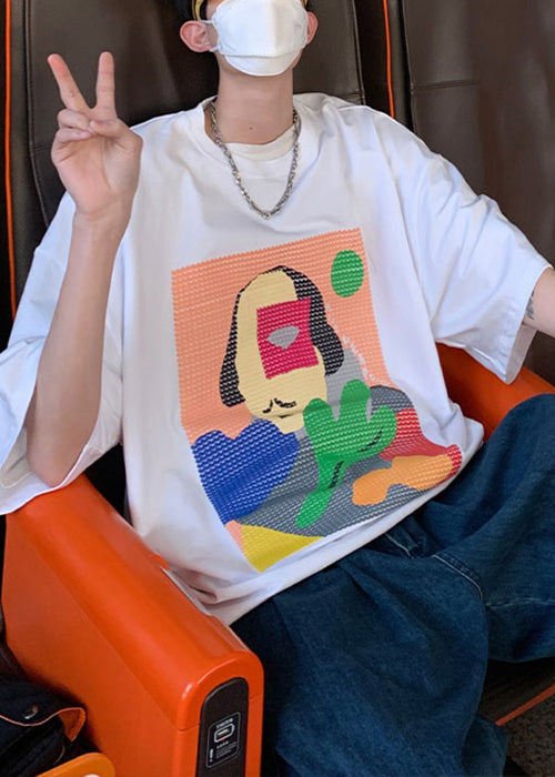 White Oversized Cotton Summer Mens T Shirt O Neck