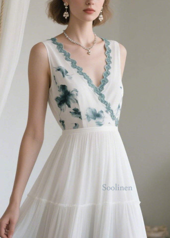 White Patchwork Chiffon Long Dresses Exra Large Hem Sleeveless