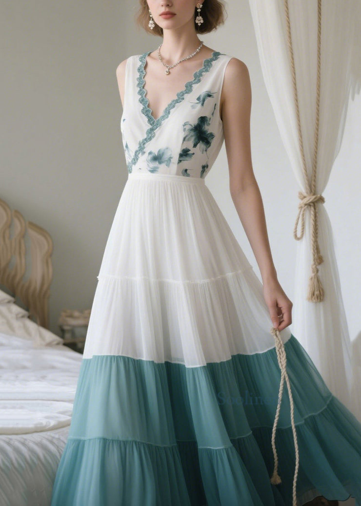White Patchwork Chiffon Long Dresses Exra Large Hem Sleeveless