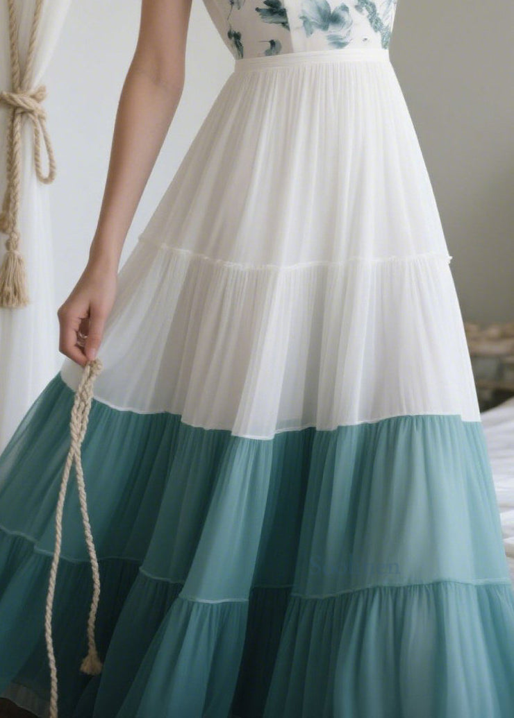 White Patchwork Chiffon Long Dresses Exra Large Hem Sleeveless