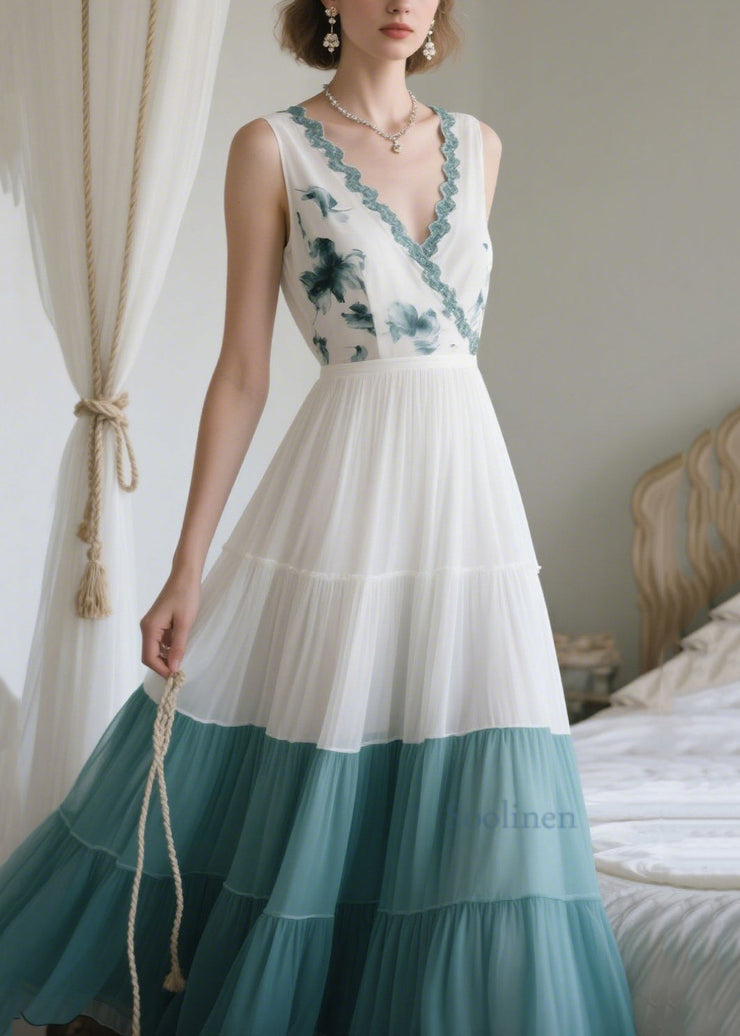 White Patchwork Chiffon Long Dresses Exra Large Hem Sleeveless
