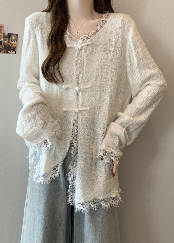 White Patchwork Eyelash Knit Loose Cardigan Chinese Button Fall