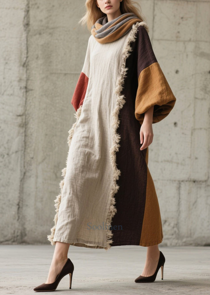 White Patchwork Faux Fur Long Dresses Asymmetrical Lantern Sleeve