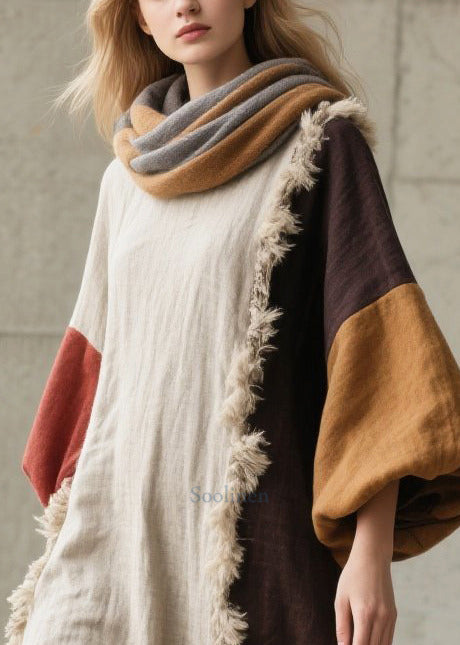White Patchwork Faux Fur Long Dresses Asymmetrical Lantern Sleeve