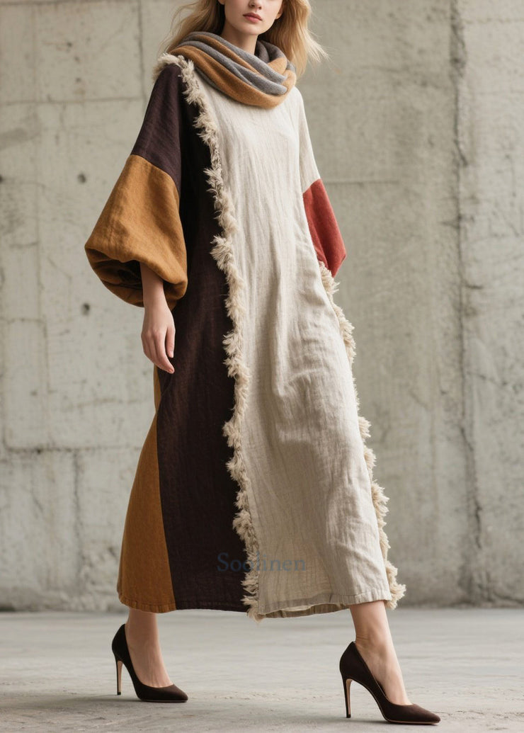 White Patchwork Faux Fur Long Dresses Asymmetrical Lantern Sleeve