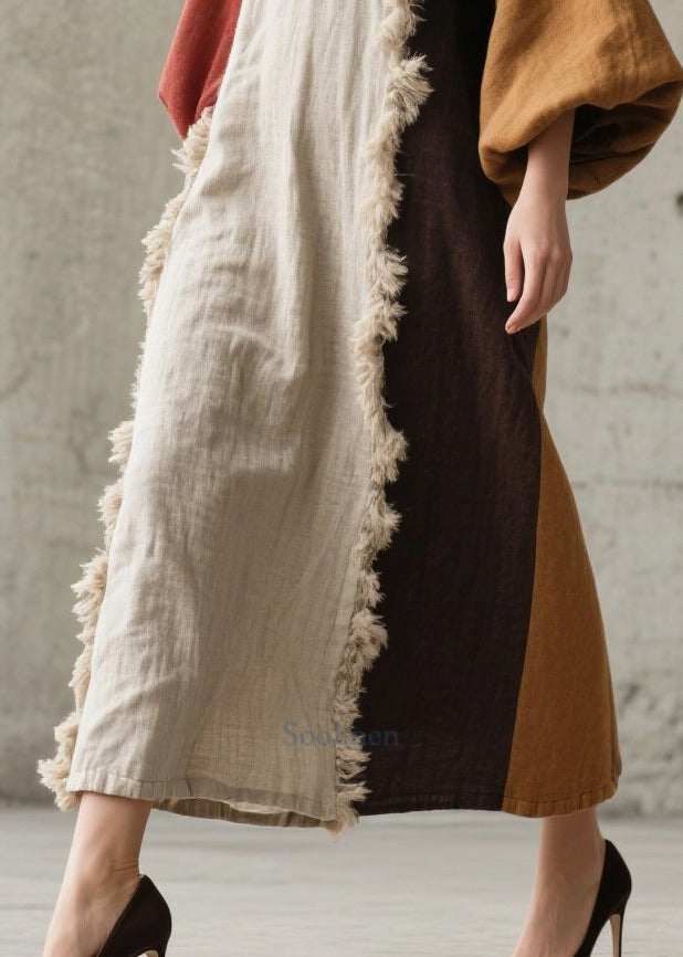 White Patchwork Faux Fur Long Dresses Asymmetrical Lantern Sleeve