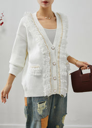White Patchwork Knit Coats Ruffled V Neck Fall