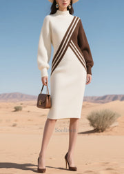 White Patchwork Knitwear Dress Asymmetrical Winter