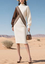 White Patchwork Knitwear Dress Asymmetrical Winter