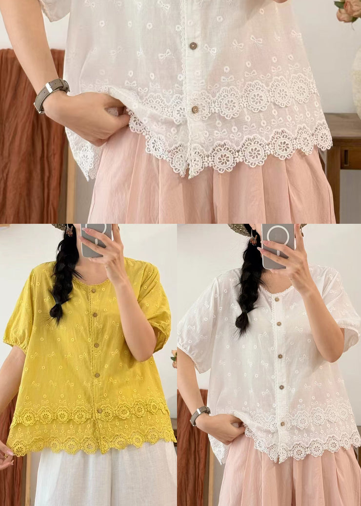 White Patchwork Lace Blouses Embroidered Summer