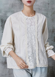 White Patchwork Lace Cotton Shirt Tops Wrinkled Spring